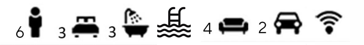 6 guests, 3 beds, 3 showers, pool, 4 lounges, 2 cars, WiFi